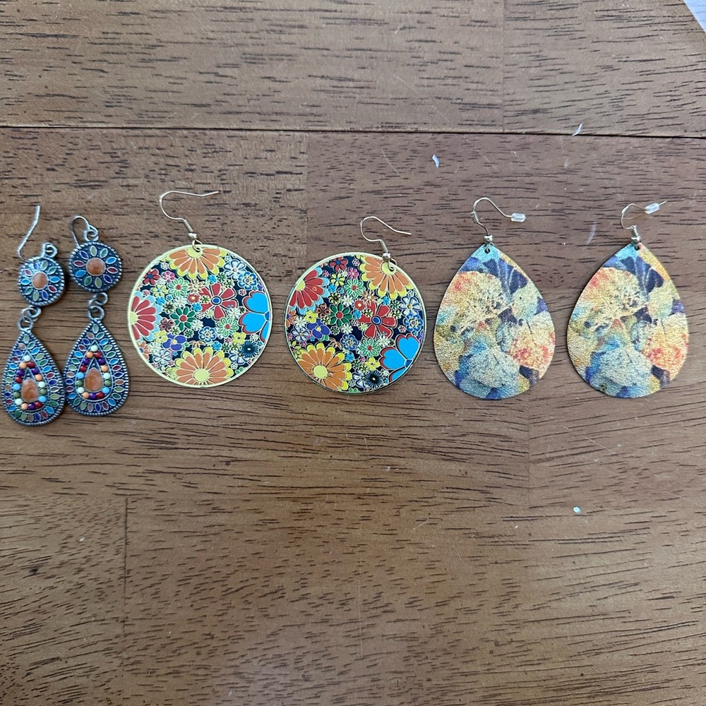 3 Sets of Colorful Floral and Patterned Earrings Set